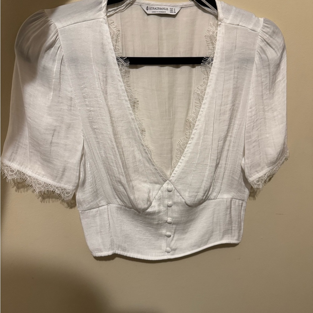Stradivarius White Lace-Trimmed Blouse